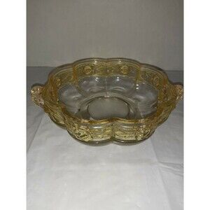Vtg Jeanette Aztec Rose Clear 2 Handled Bowl w/Yellow Band of Roses